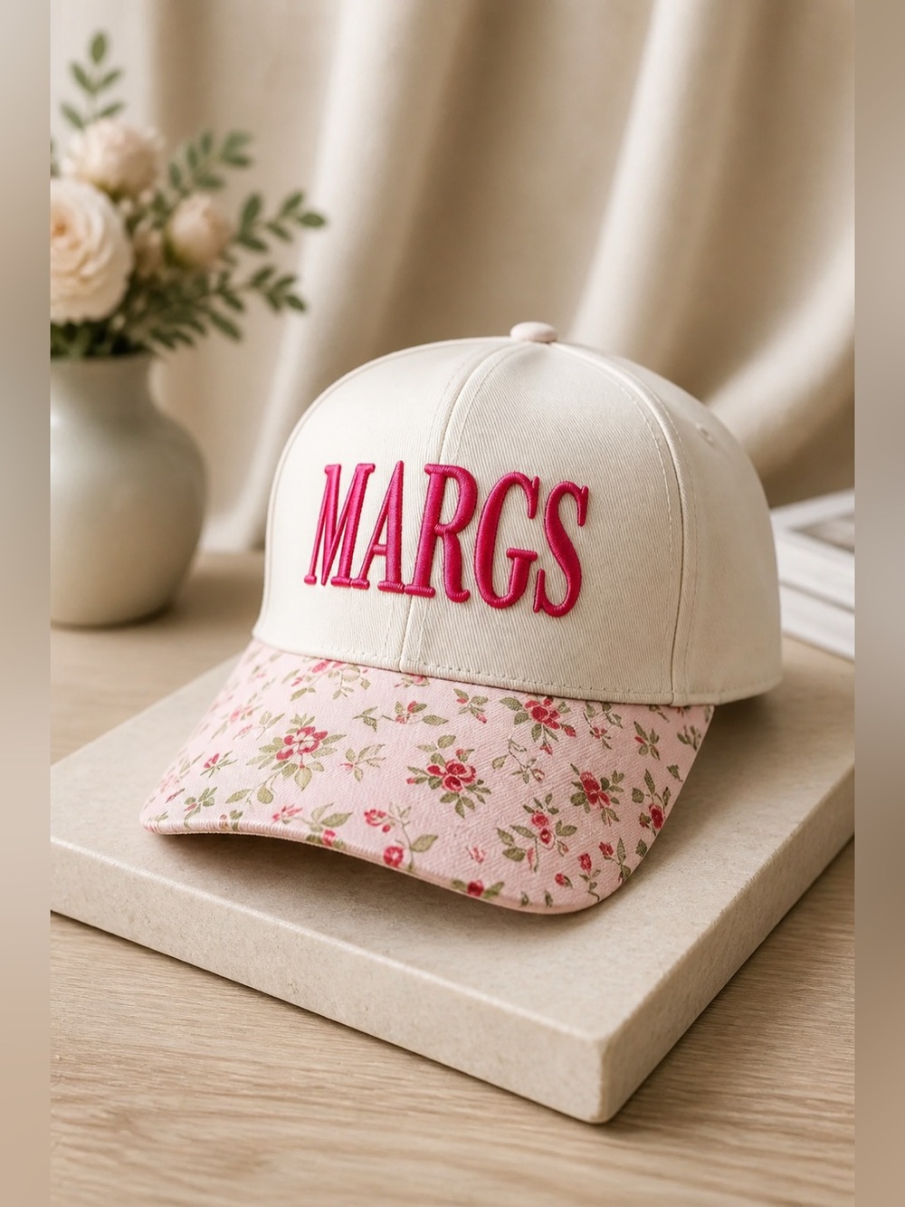 NWT Women’s Trucker Hat Cream and Pink Floral Embroidered “Margs” Baseball Cap
